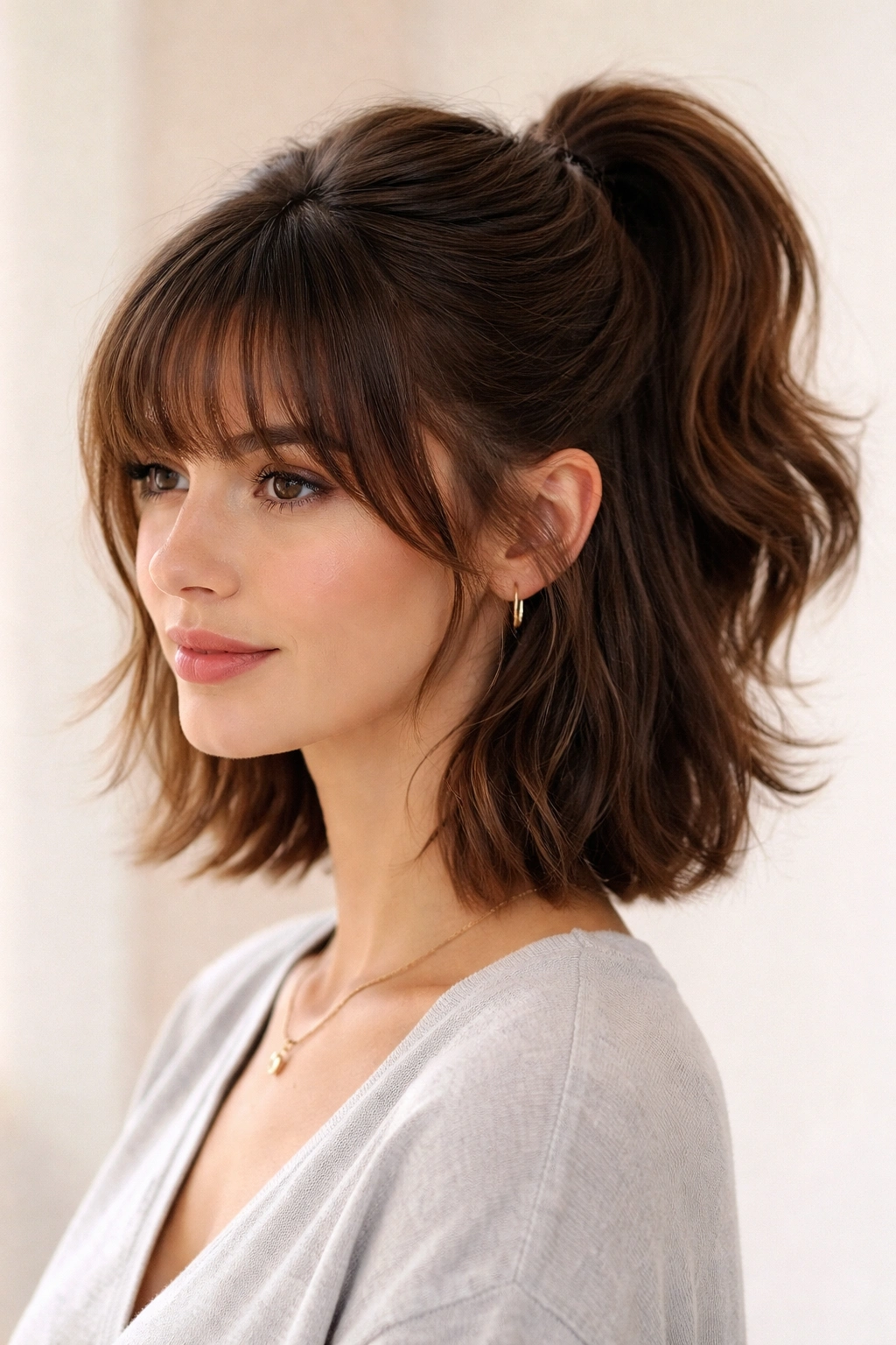 Half-up curved ponytail on short hair with bangs, top section curved