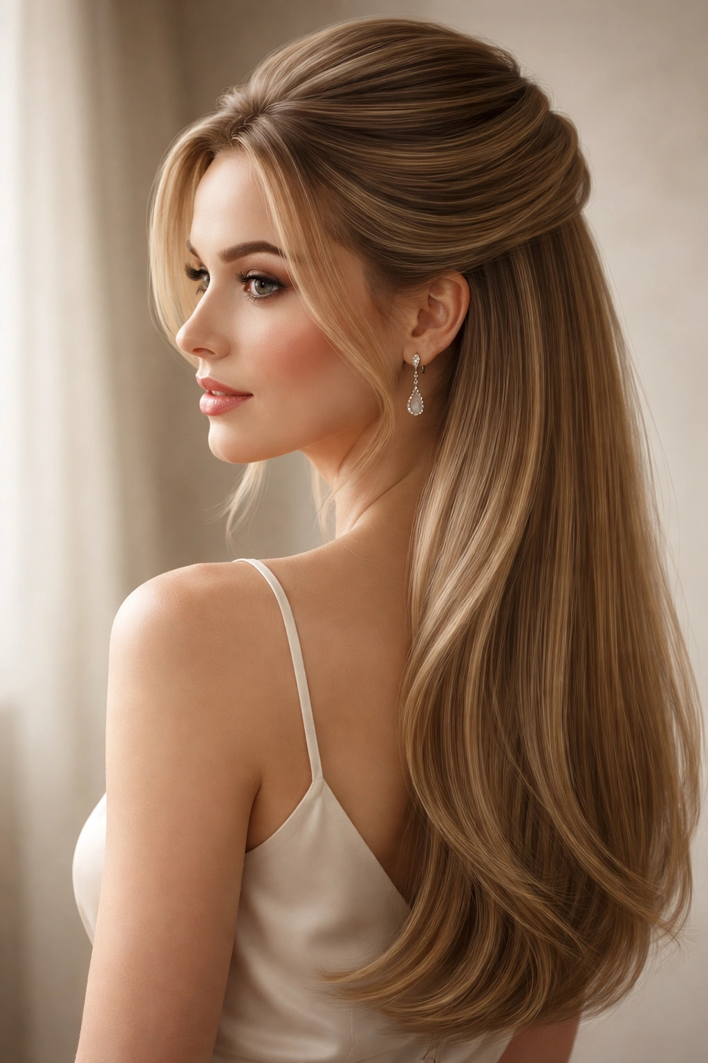 Close-up of a curved path for the upper half, creating a soft arc over straight hair.