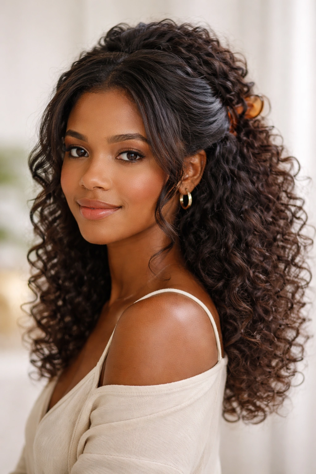 Soft curved halo hairstyle framing the face with a lower-back clip.