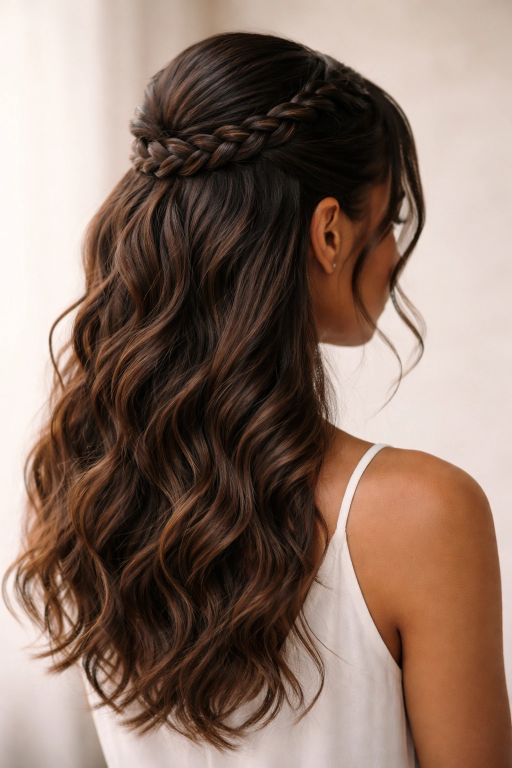 Curved knotless half-up hairstyle with soft waves.