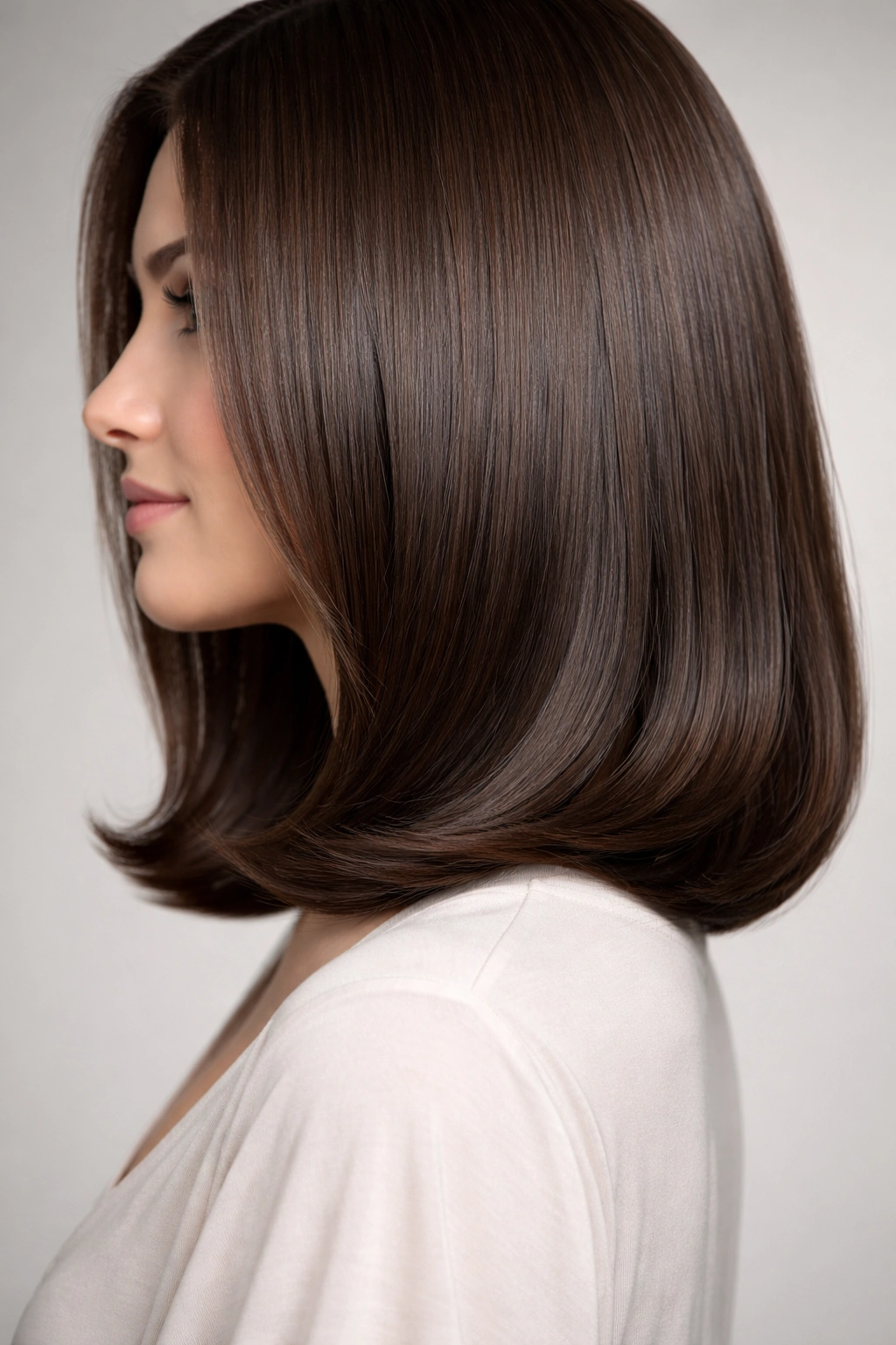 Close-up of curved lob with inward flip showing inward-curved ends framing the face