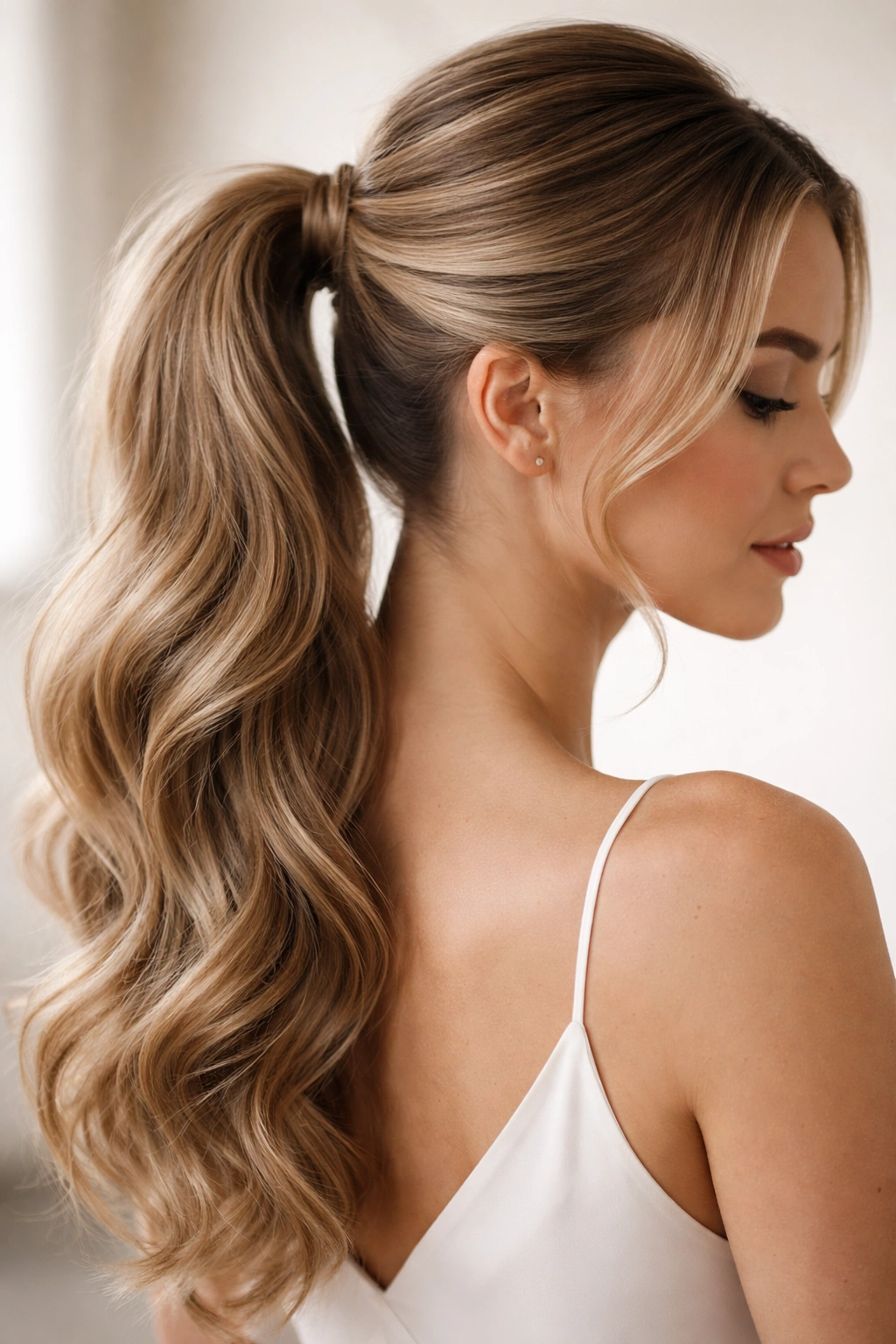 Side view of a ponytail with a curved middle part and flowing romantic waves