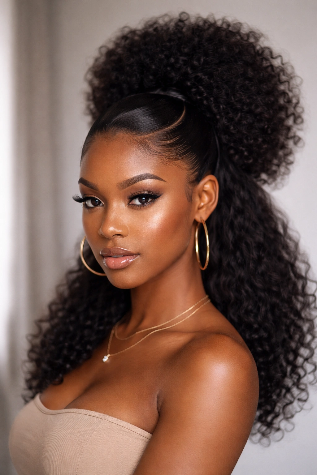 Close-up of curved part with sleek high puff hairstyle