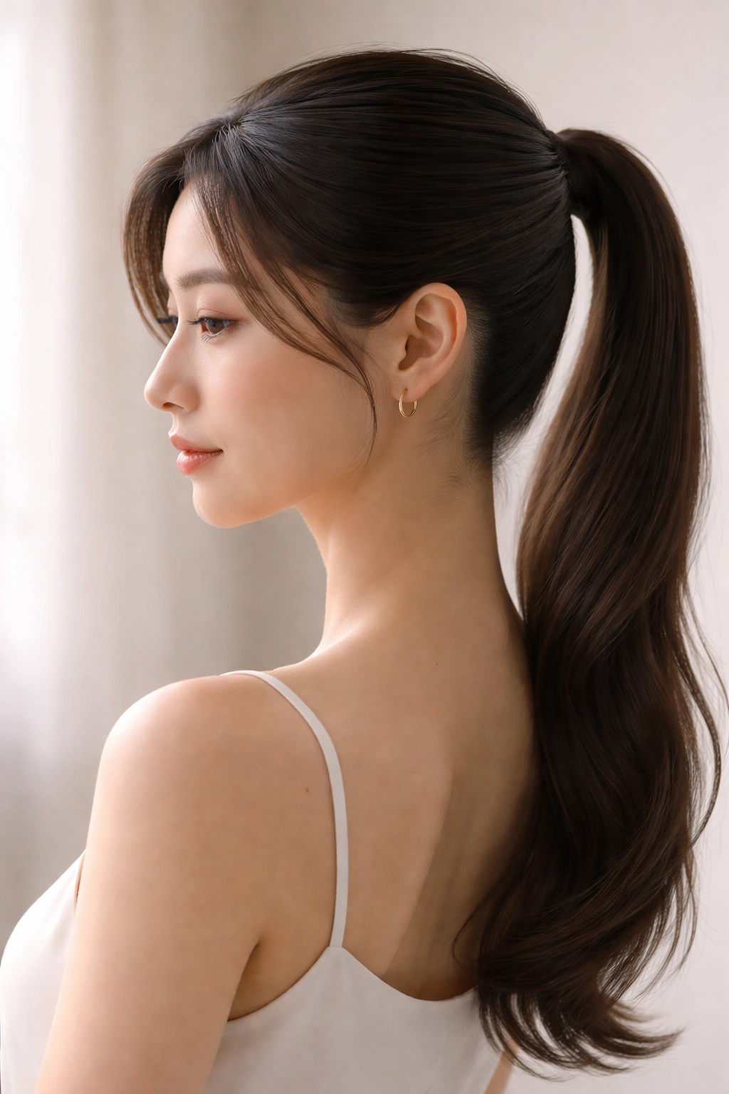 Ponytail with curved side parts forming soft waves at temples