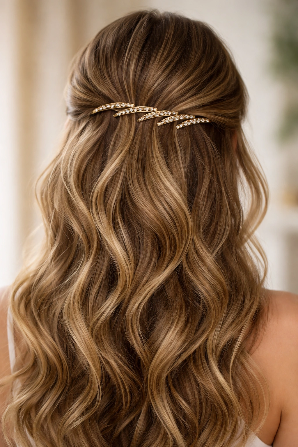 Curved pins arching across the back crown in a half-up hairstyle