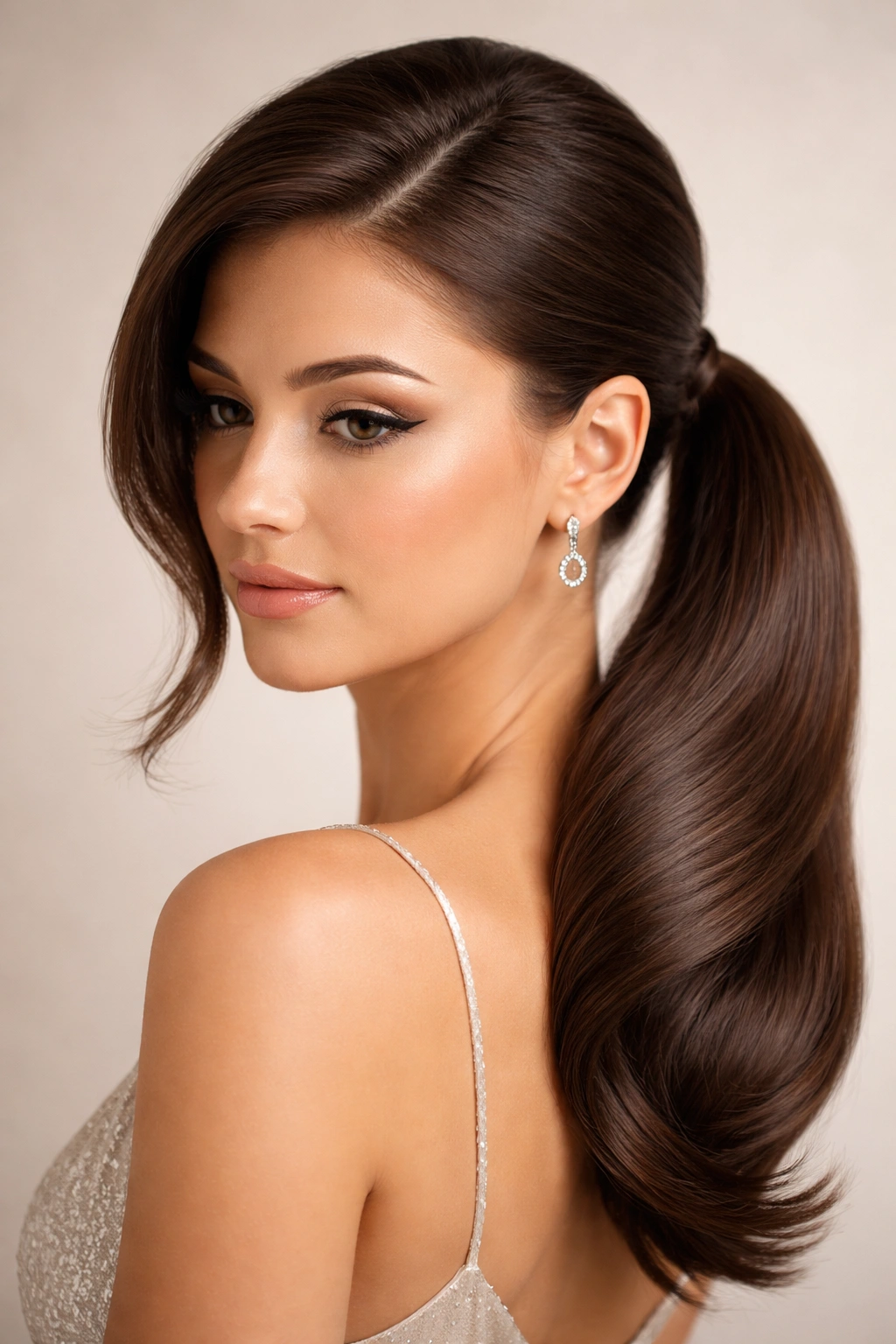 Side ponytail curved diagonally along head contours.