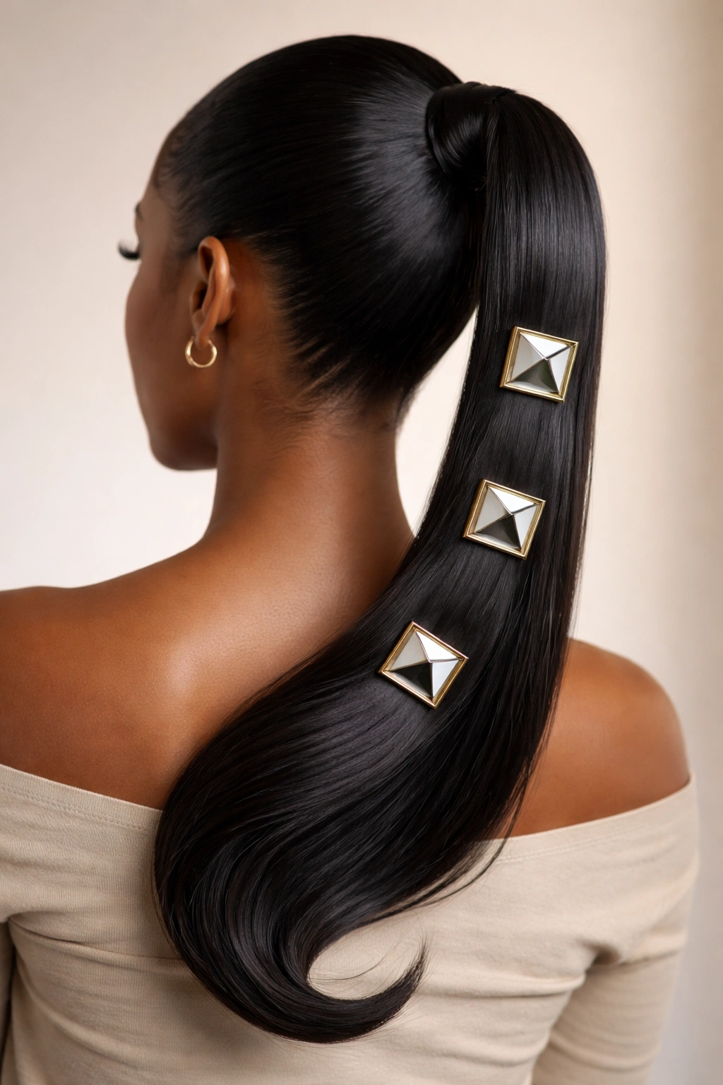 Straight ponytail curved at the end with three geometric metallic clips along its length