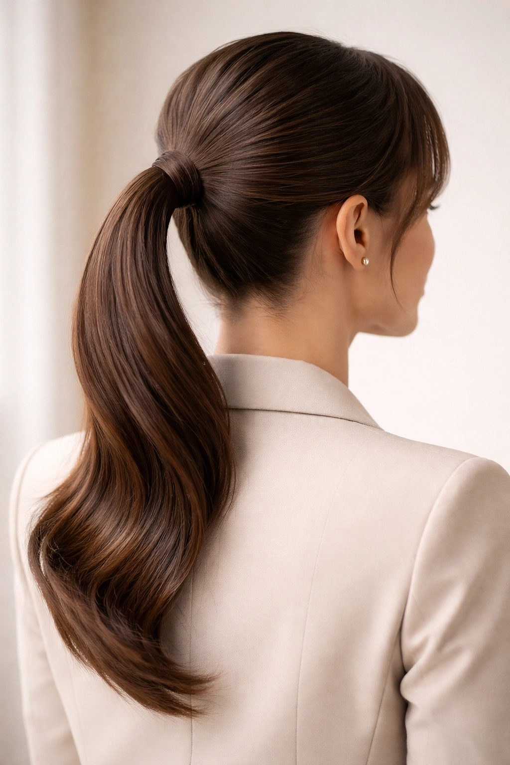Three-quarter back view of Curved Ponytail with a gentle bend at the base, professional look.