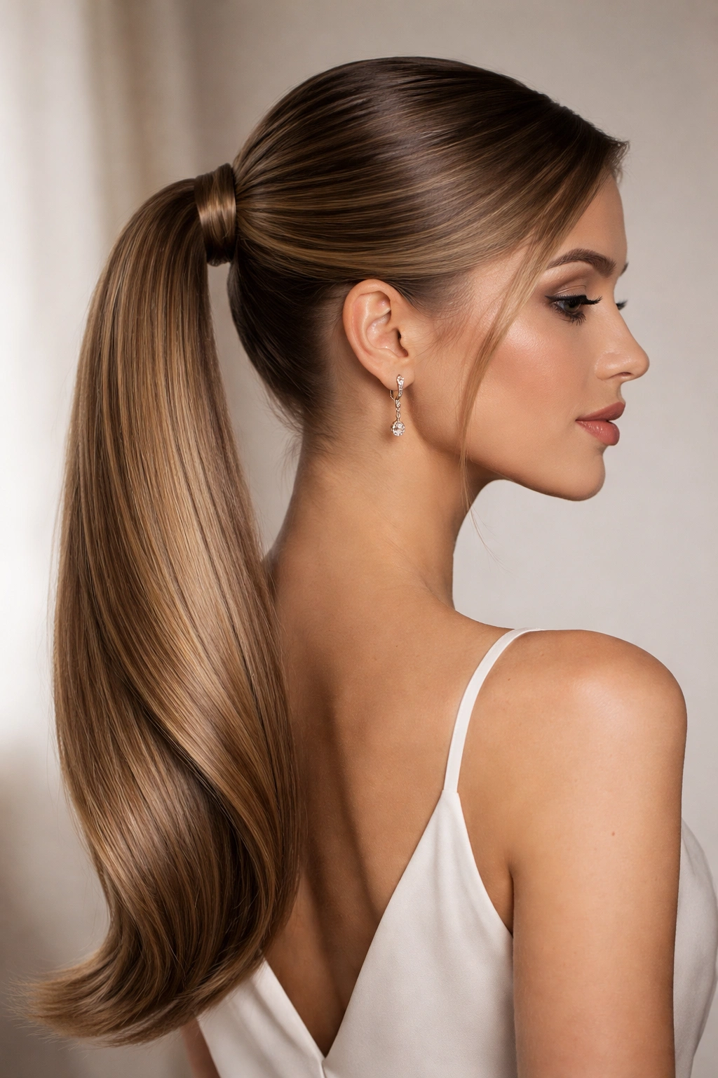 Curved sideswept ponytail on straight hair with side placement