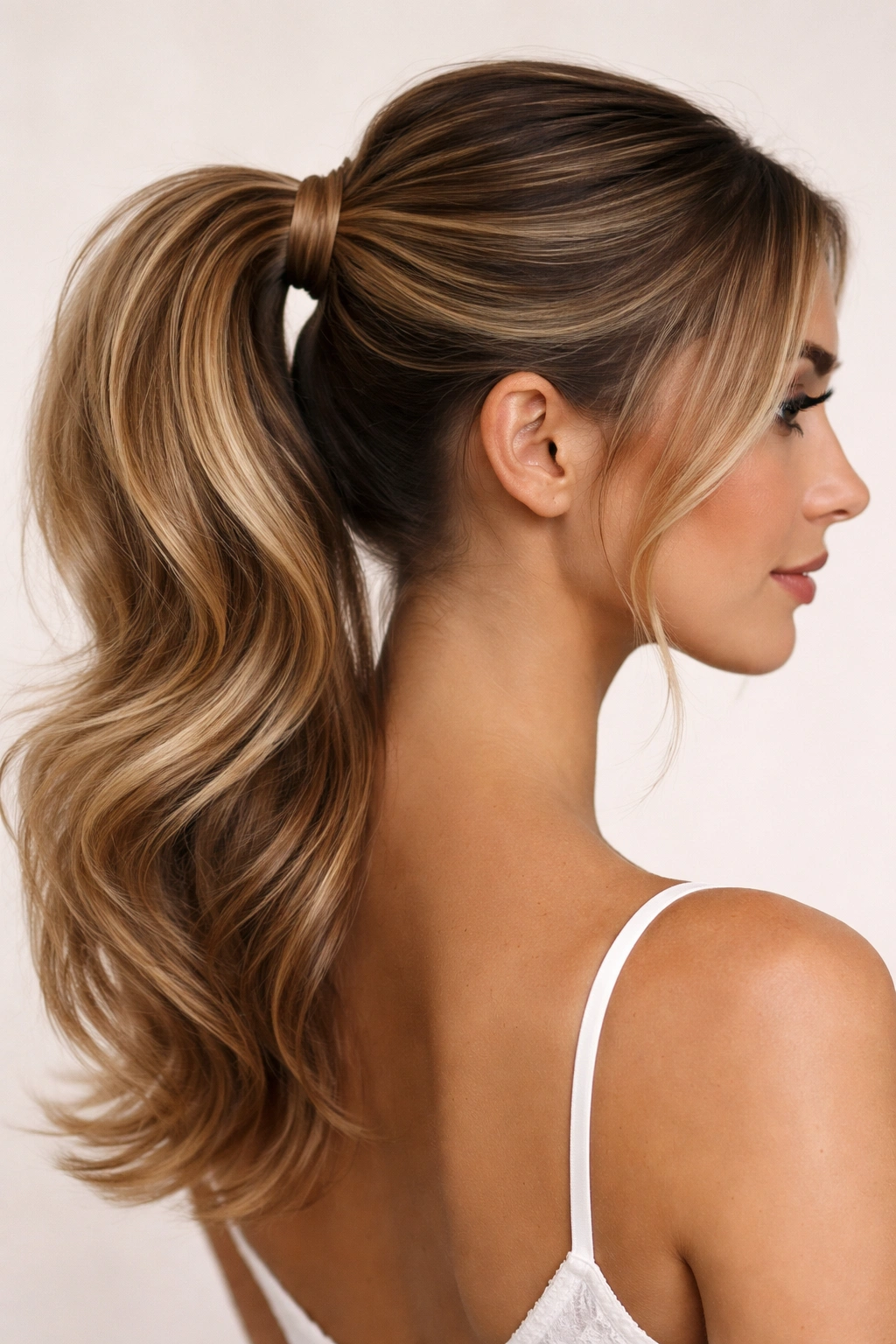 Curved mid ponytail with side curve and teased underneath for volume