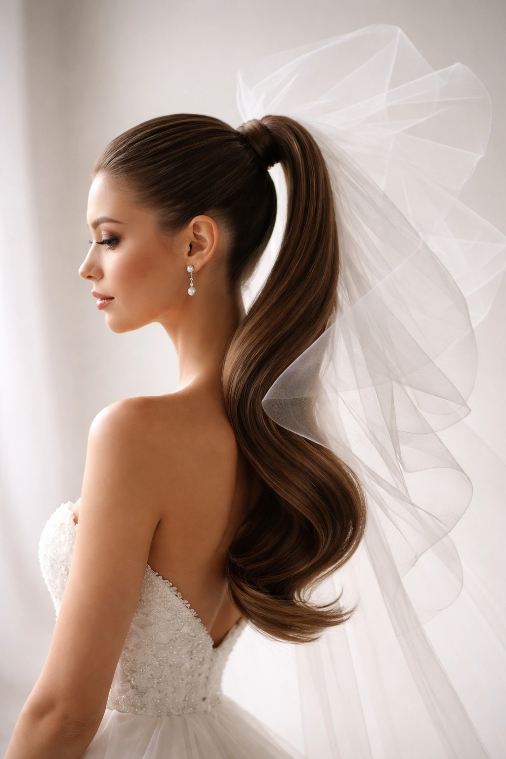 Sleek curved ponytail with sculptural modern veil in studio