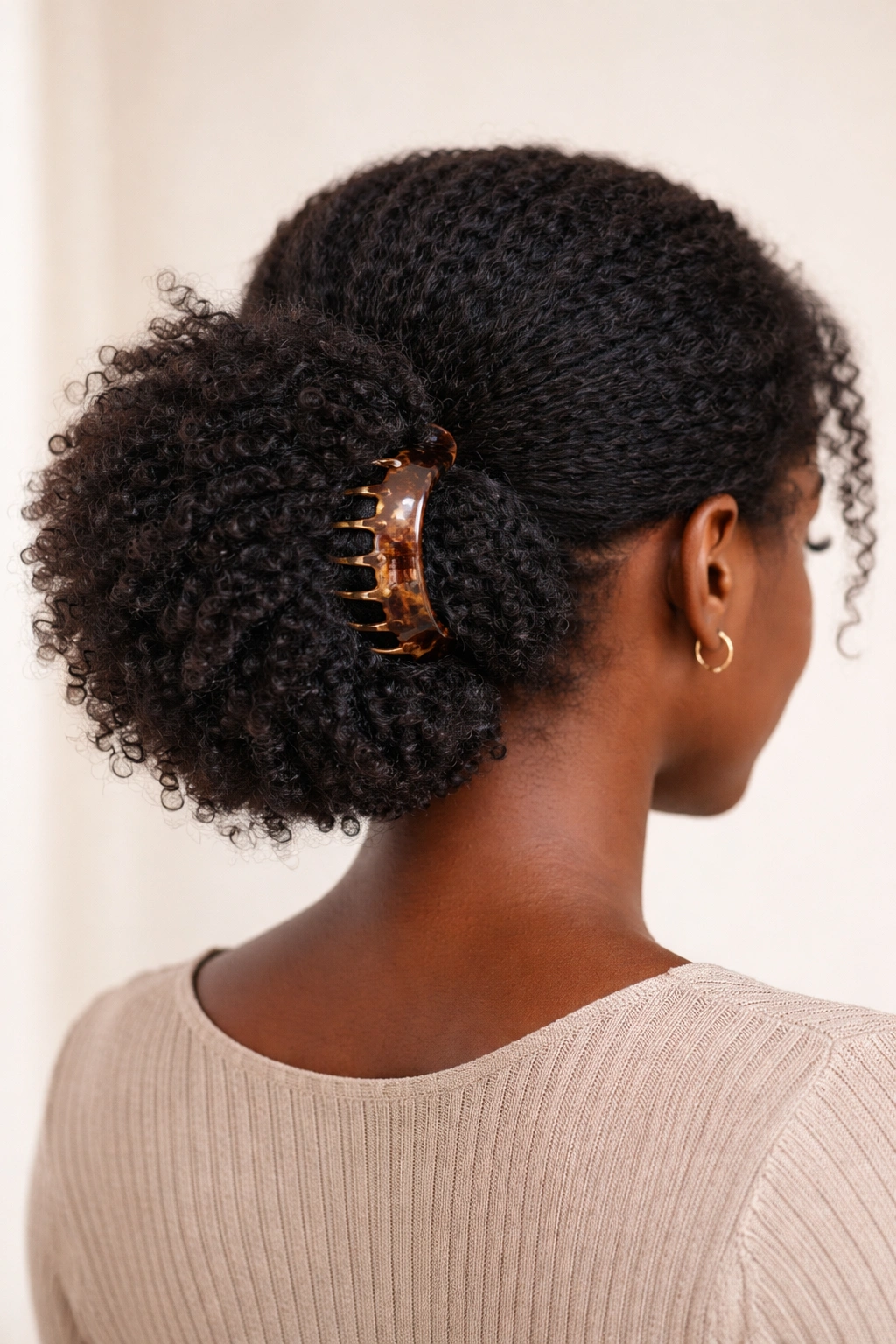 Low curved back hair puff secured with a claw clip