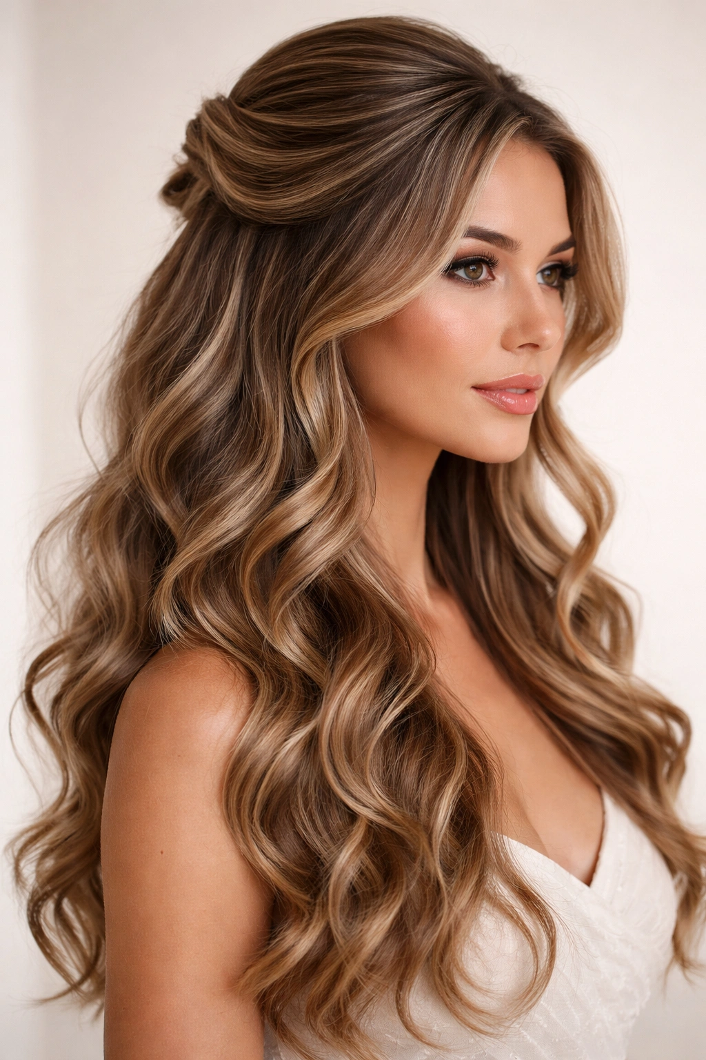 Curved half up hairstyle following natural S-waves with face-framing pieces
