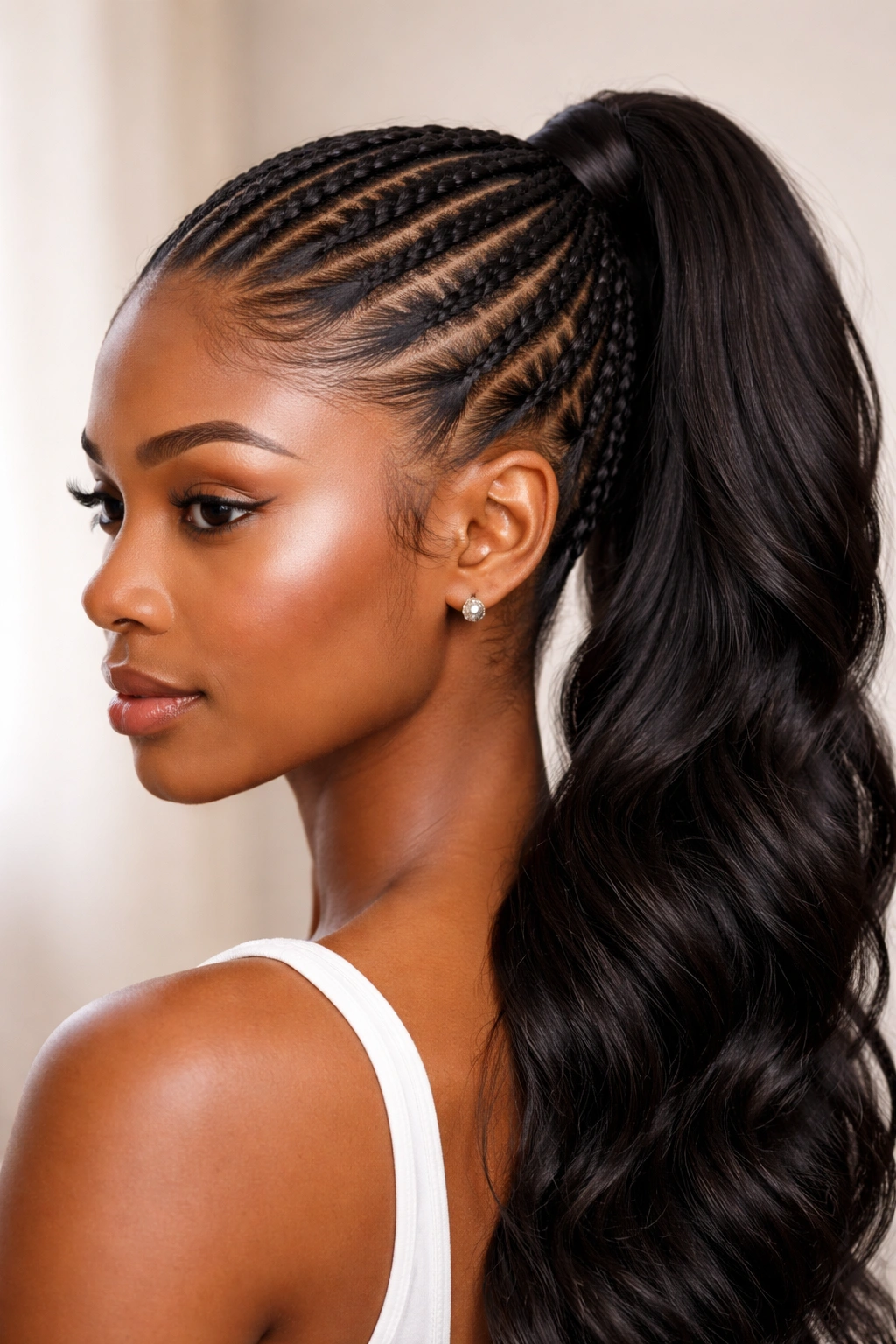 Close-up side view of a curved swooping braid leading into a ponytail on a single person, no text