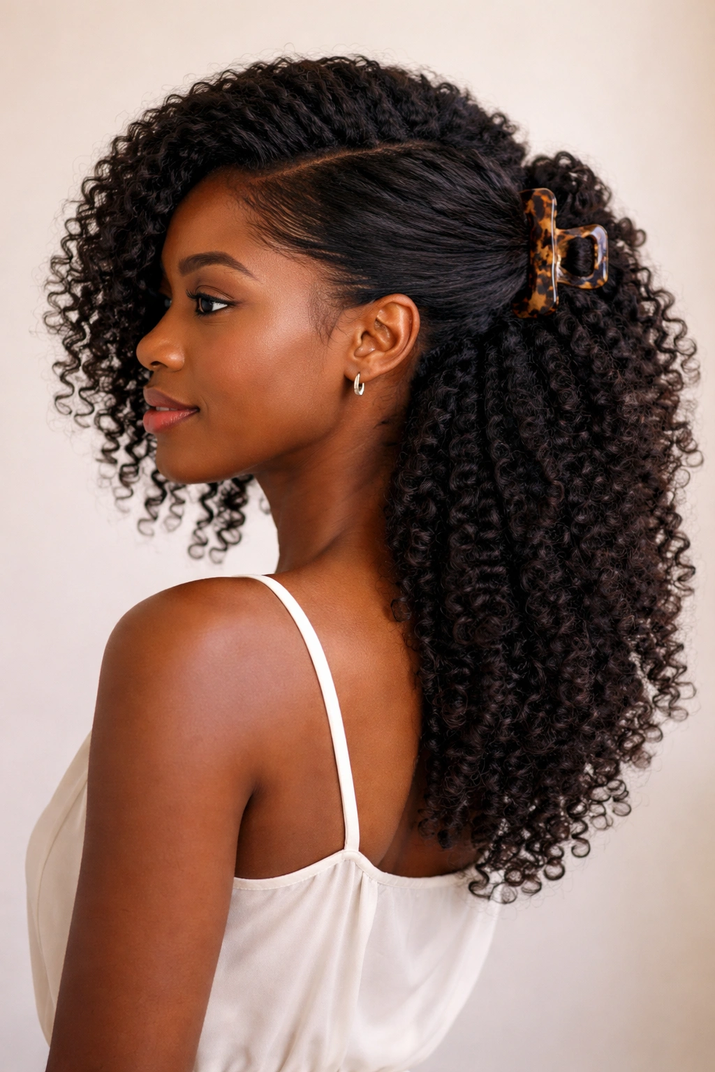 Profile view of a curved side sweep with an asymmetrical half-up clip