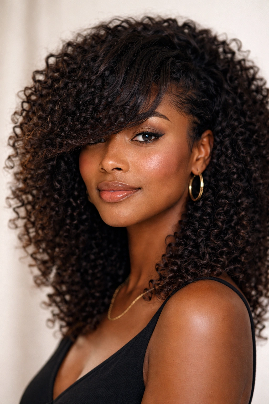 Portrait of a person with curved side-sweep bangs on coily hair