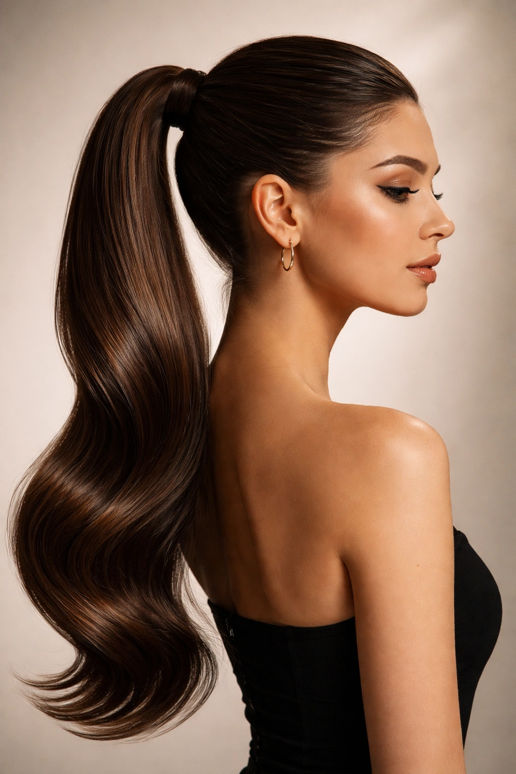 Sleek curved ponytail with gentle waves along its length