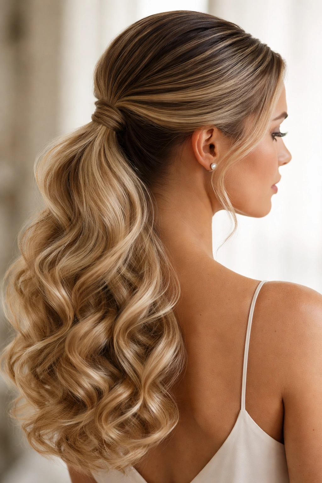 Slicked-back curved partition with a low ponytail and curling bottom