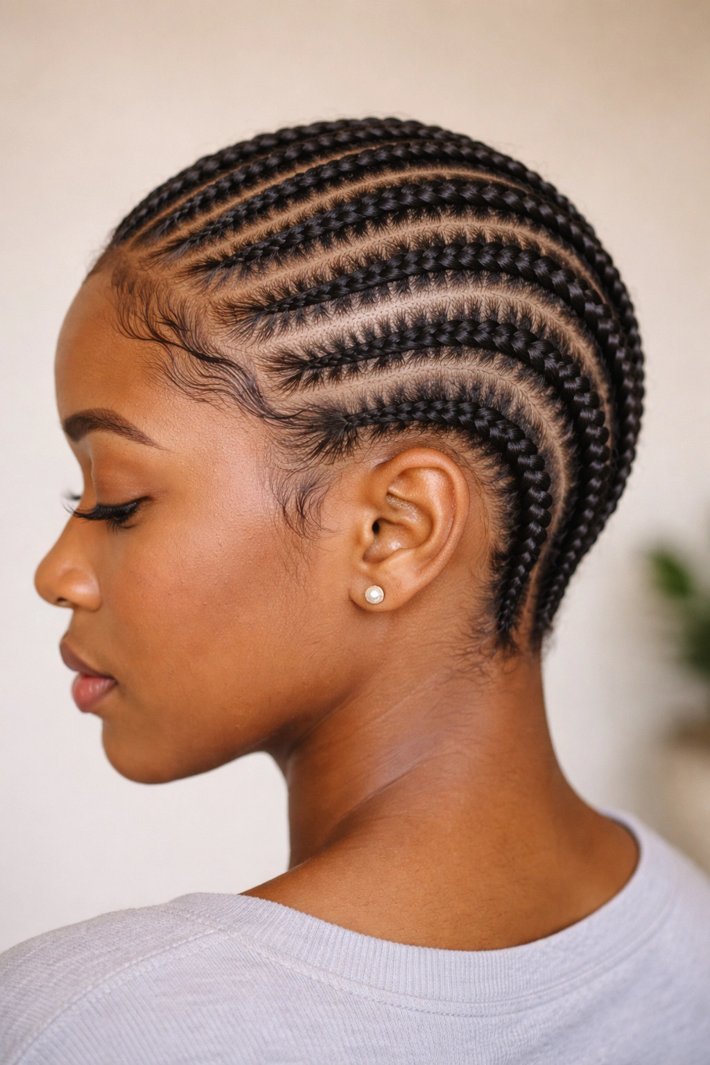 Curved stitch cornrows following the head's natural contours