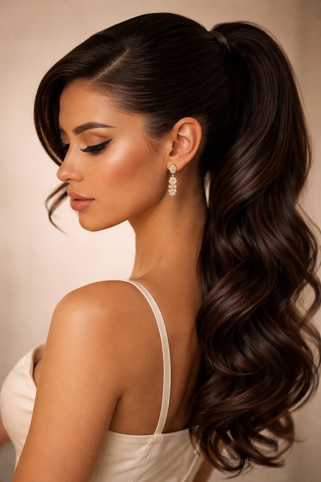 Three-quarter view of curved swoop ponytail with soft rounded swoop and flowing ponytail