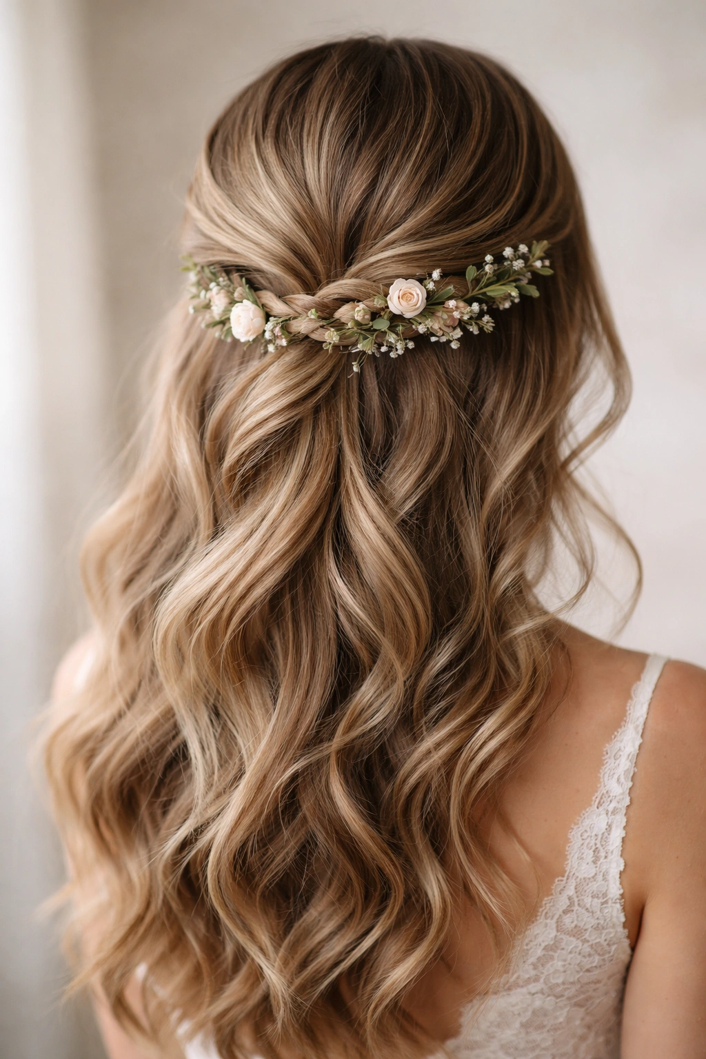 Back view of a curved twist with delicate florals and greenery woven through