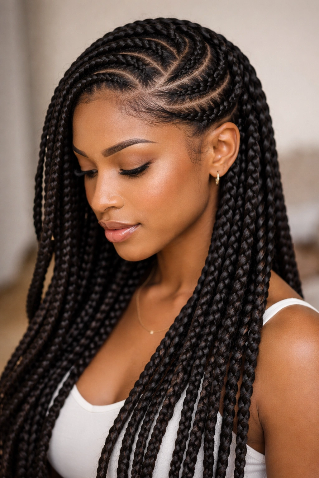Close-up of curved twists blending into loose box braids along the hairline