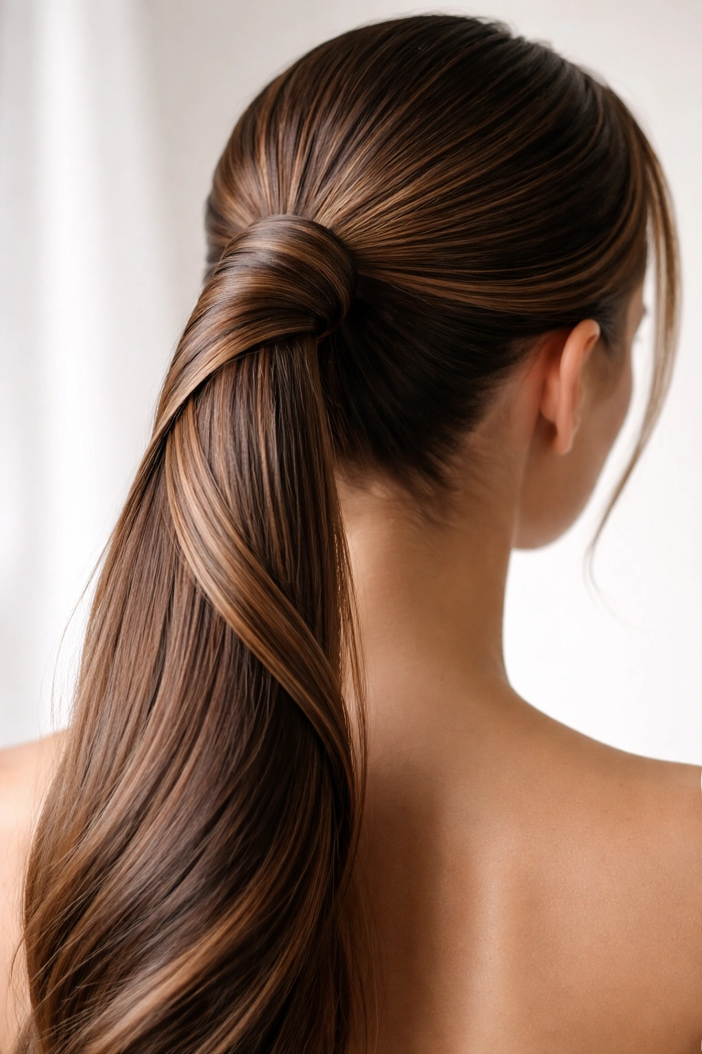 Head-and-shoulders view of a curved spiral double weave around the ponytail base