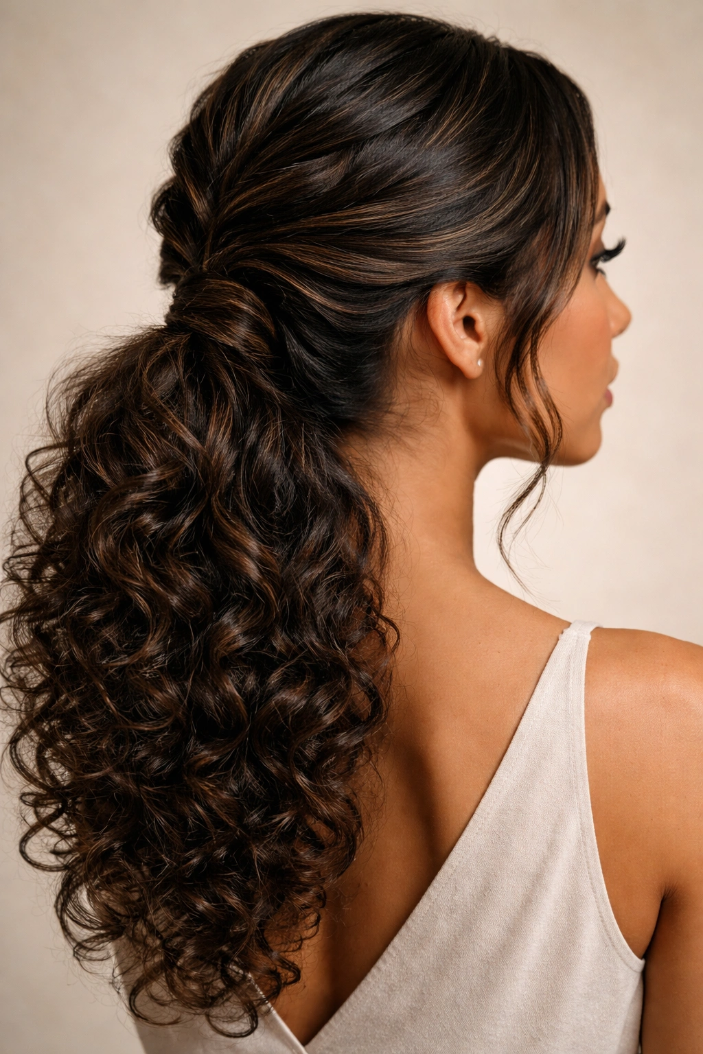 Close-up of curved-weave side-swept low ponytail with diagonal weave