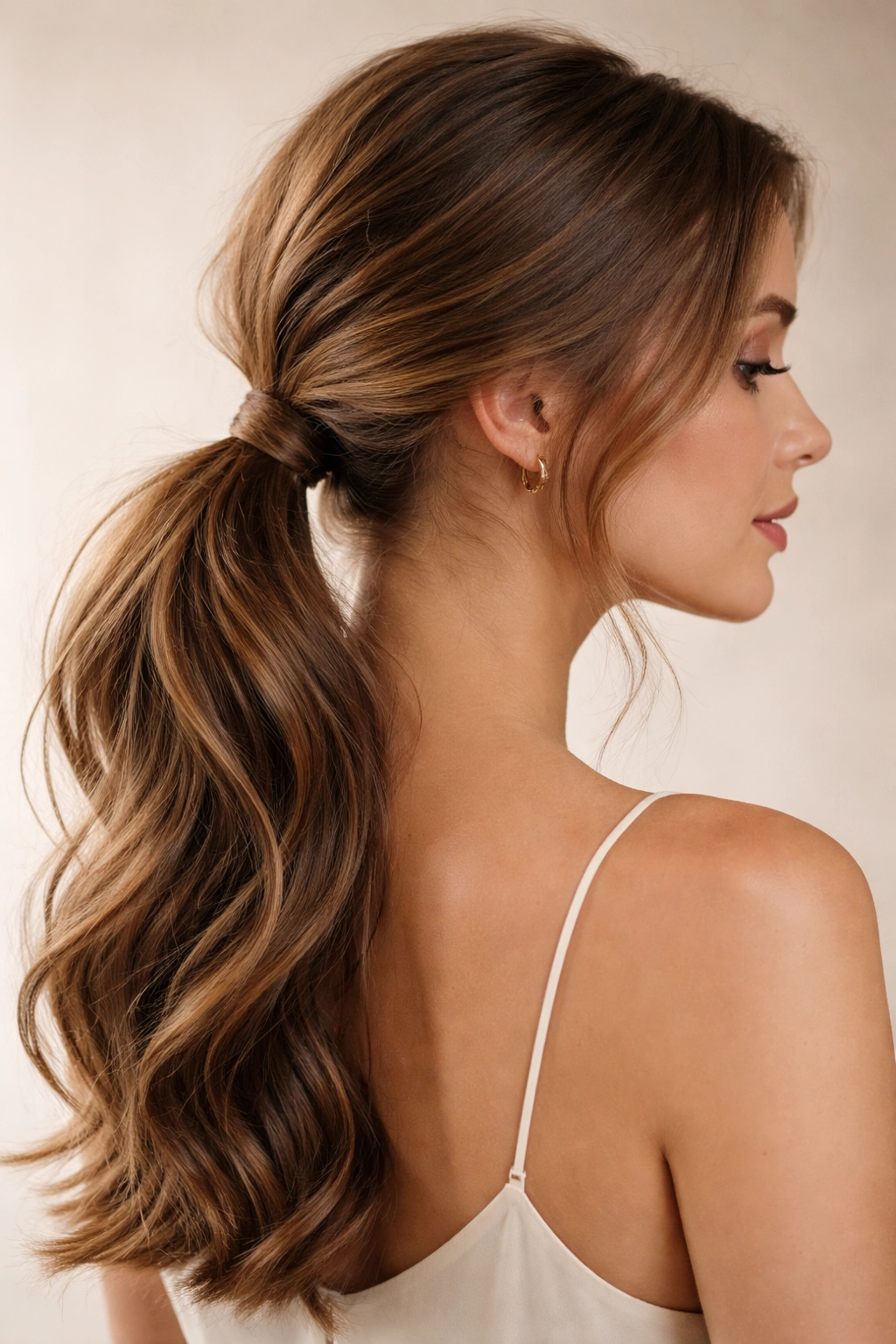 Off-center curved low ponytail with hair wrapped around the base