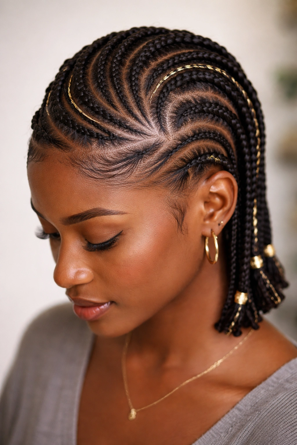 Curved Fulani braids following head contours with gold thread accent.