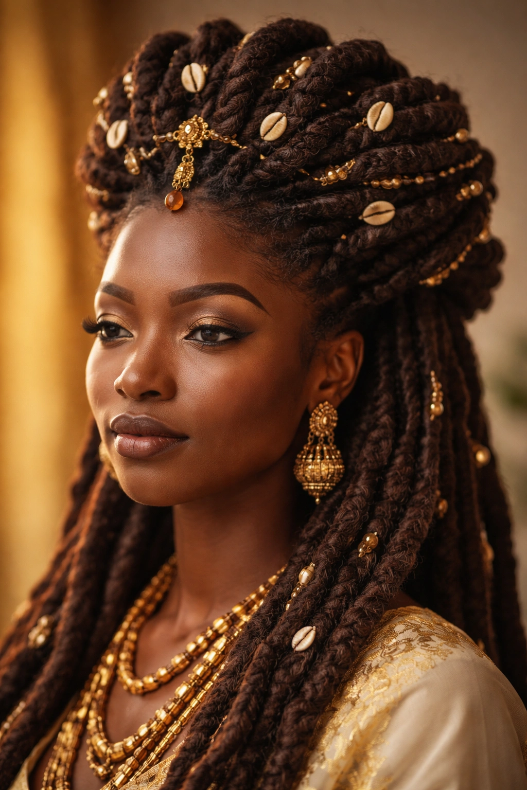 Close-up of Dada Adé crown locks with ceremonial adornments on a Yoruba woman