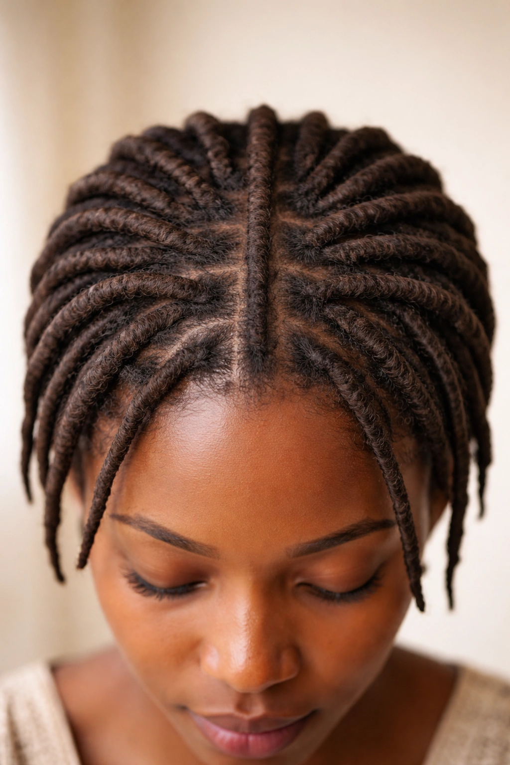 Close-up of Dada Ara hairstyle with evenly interlocking locks on a natural scalp
