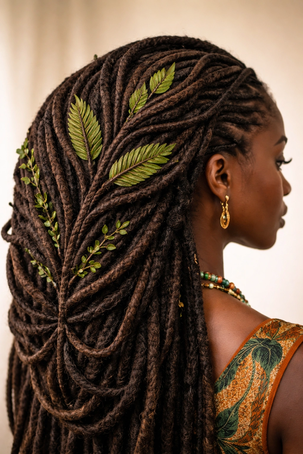 Dada Ewé leaf-patterned locks with woven plant material