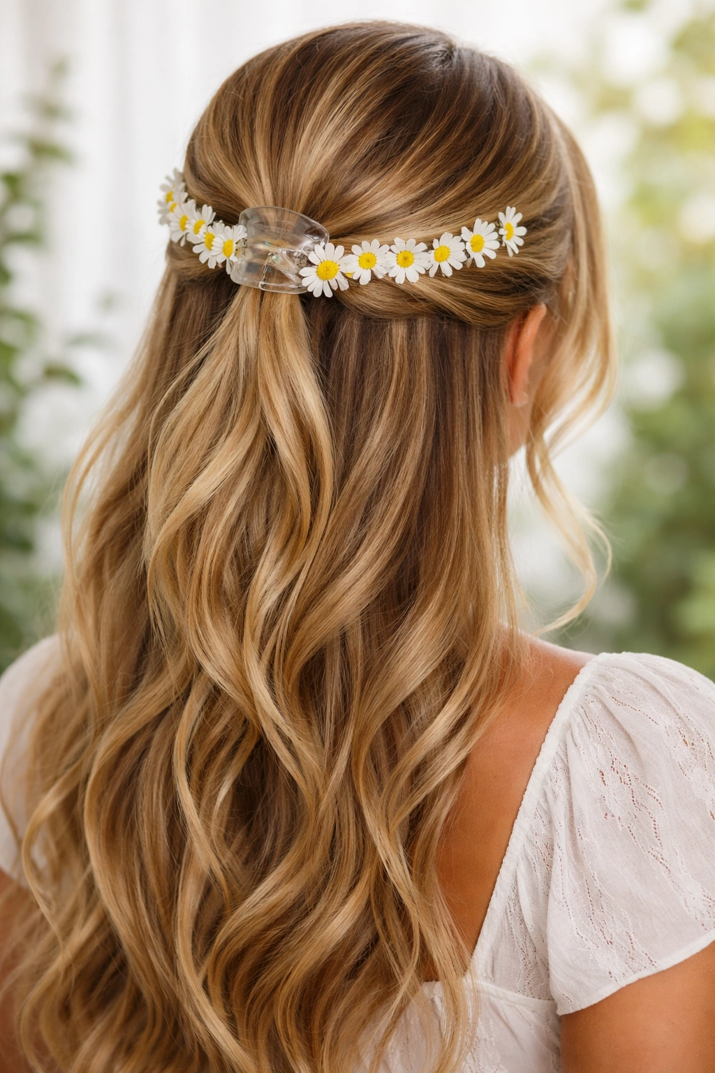Daisy chain woven through a half-up hairstyle with a claw clip and tiny daisies