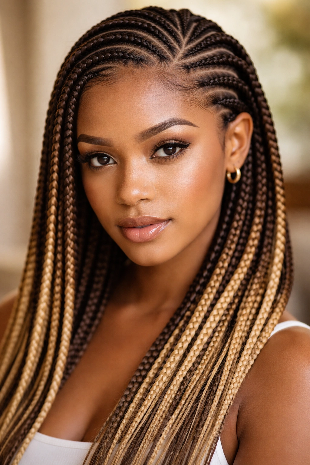 Close-up of dark brown to honey highlights feed-in cornrows