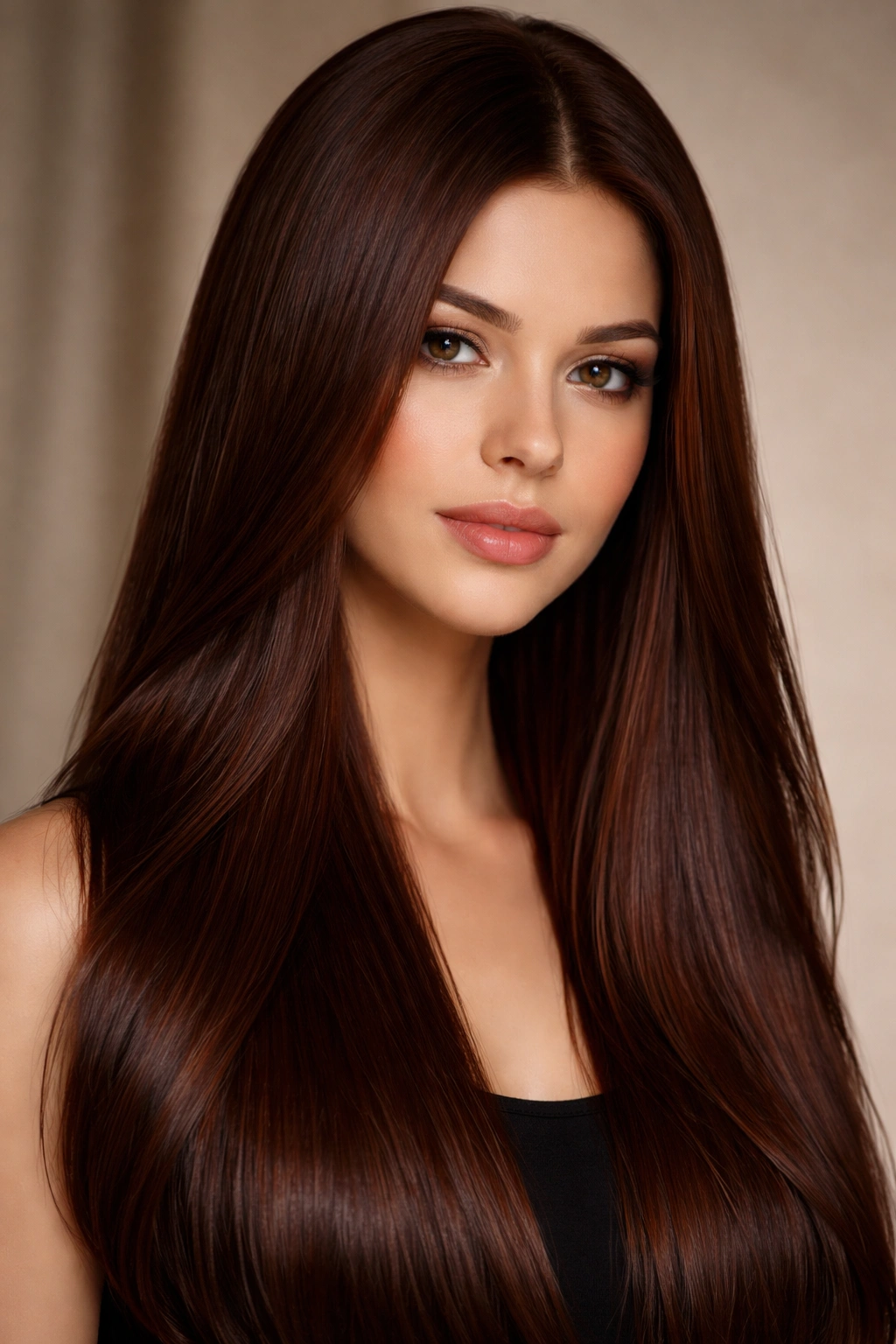 Close-up portrait of a person with straight Dark Chocolate Ginger hair under neutral studio lighting