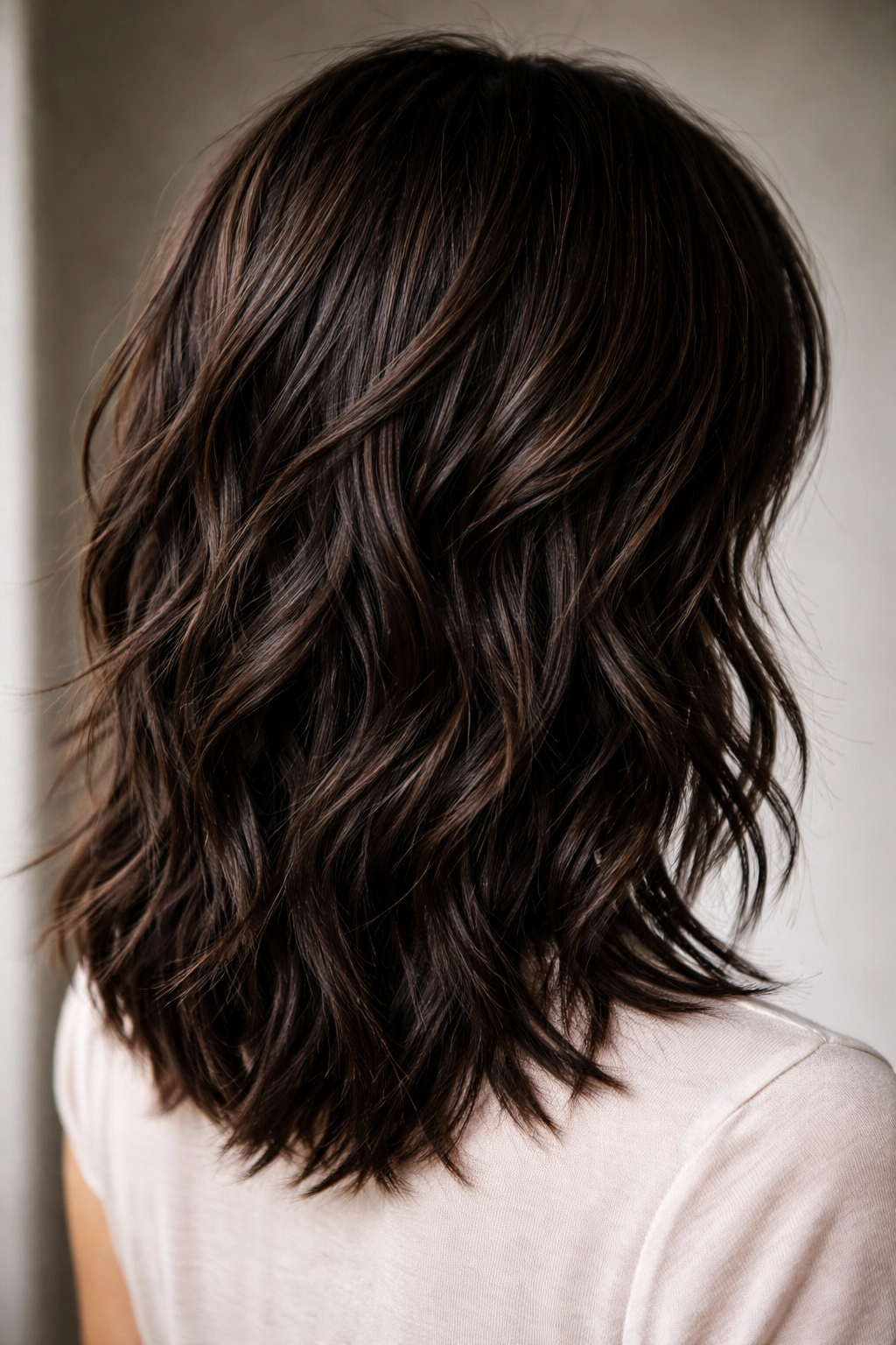 Dark chocolate brown hair with choppy layered ends