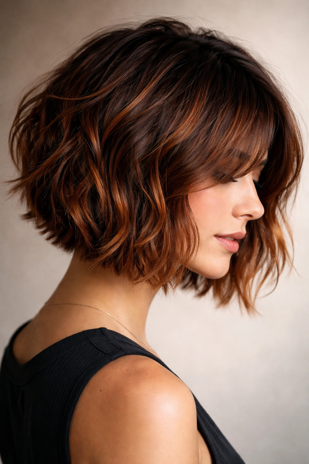 Dark copper dimensional choppy bob showing layered texture