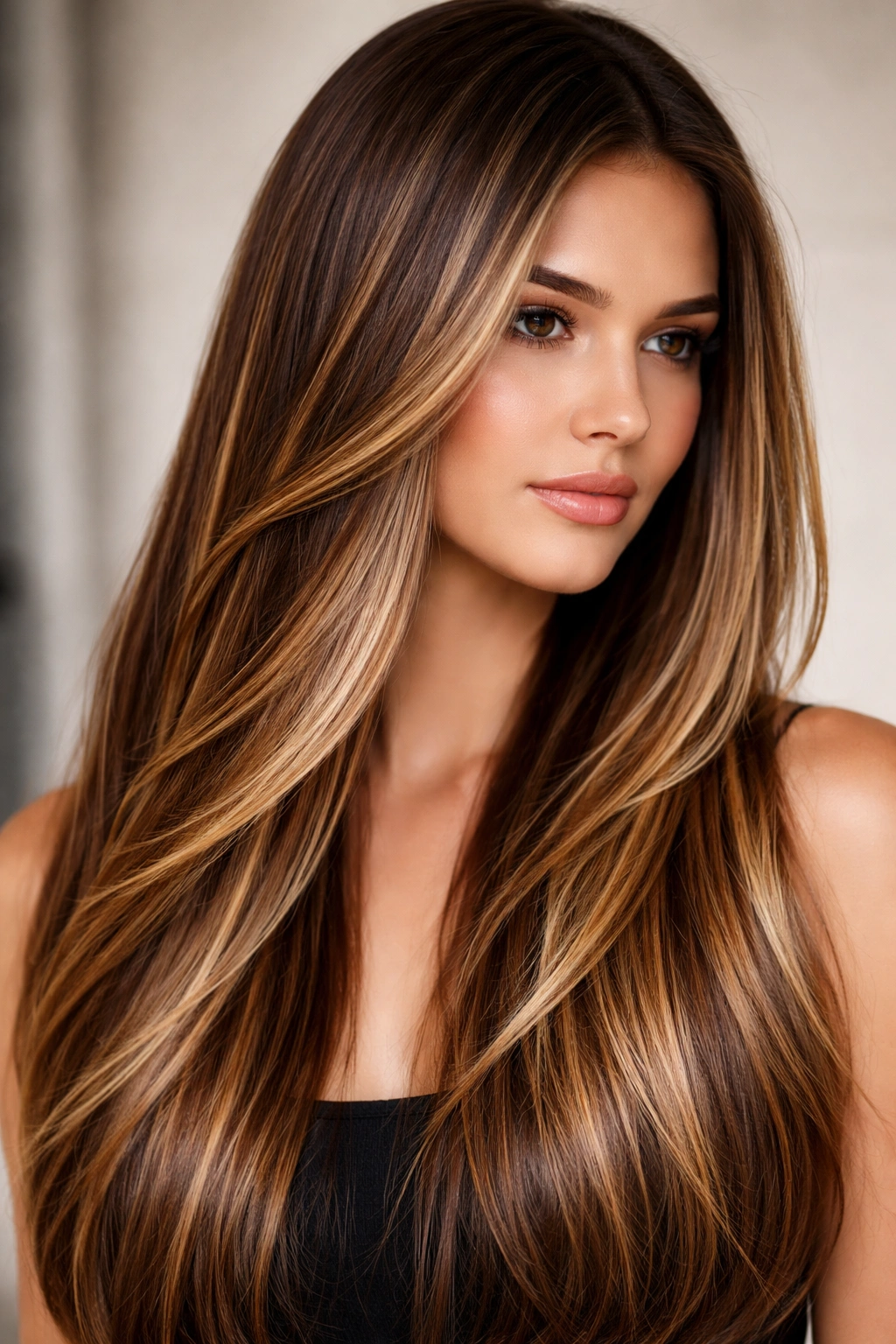 Close-up of straight hair with dark walnut base and caramel blonde balayage.