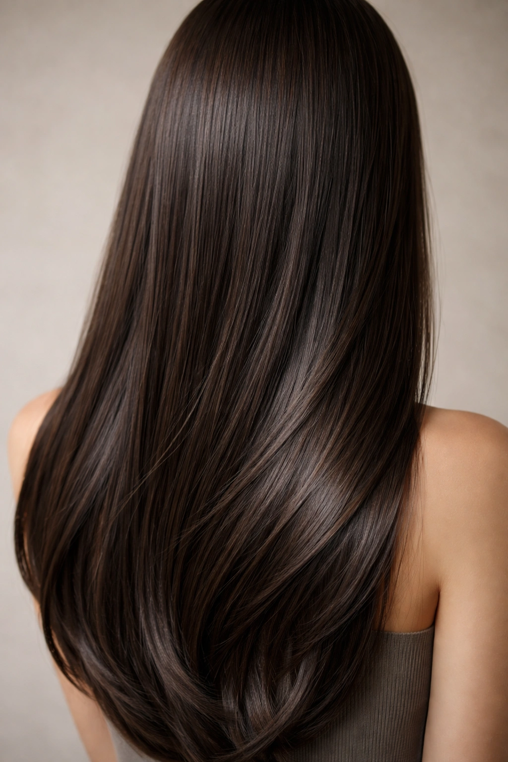 Close-up of dark walnut straight hair with cool taupe undertones in studio
