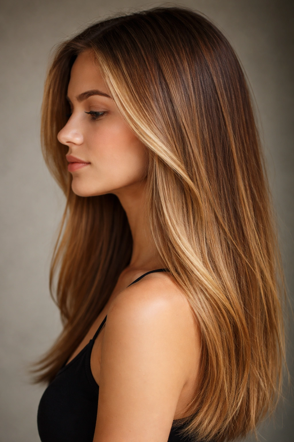 Straight hair in darker honey blonde with deeper roots and honey ends