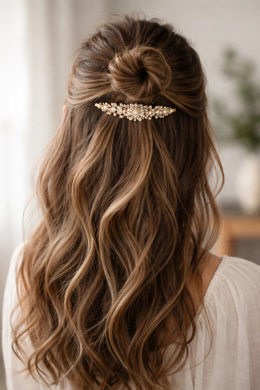 Half-up bun secured with decorative clip