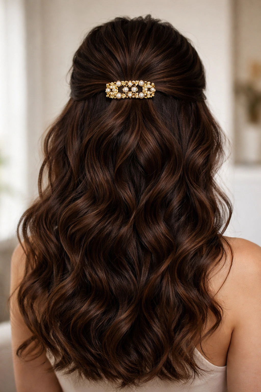 Brown hair gathered with a decorative clip in a half-up style and textured waves