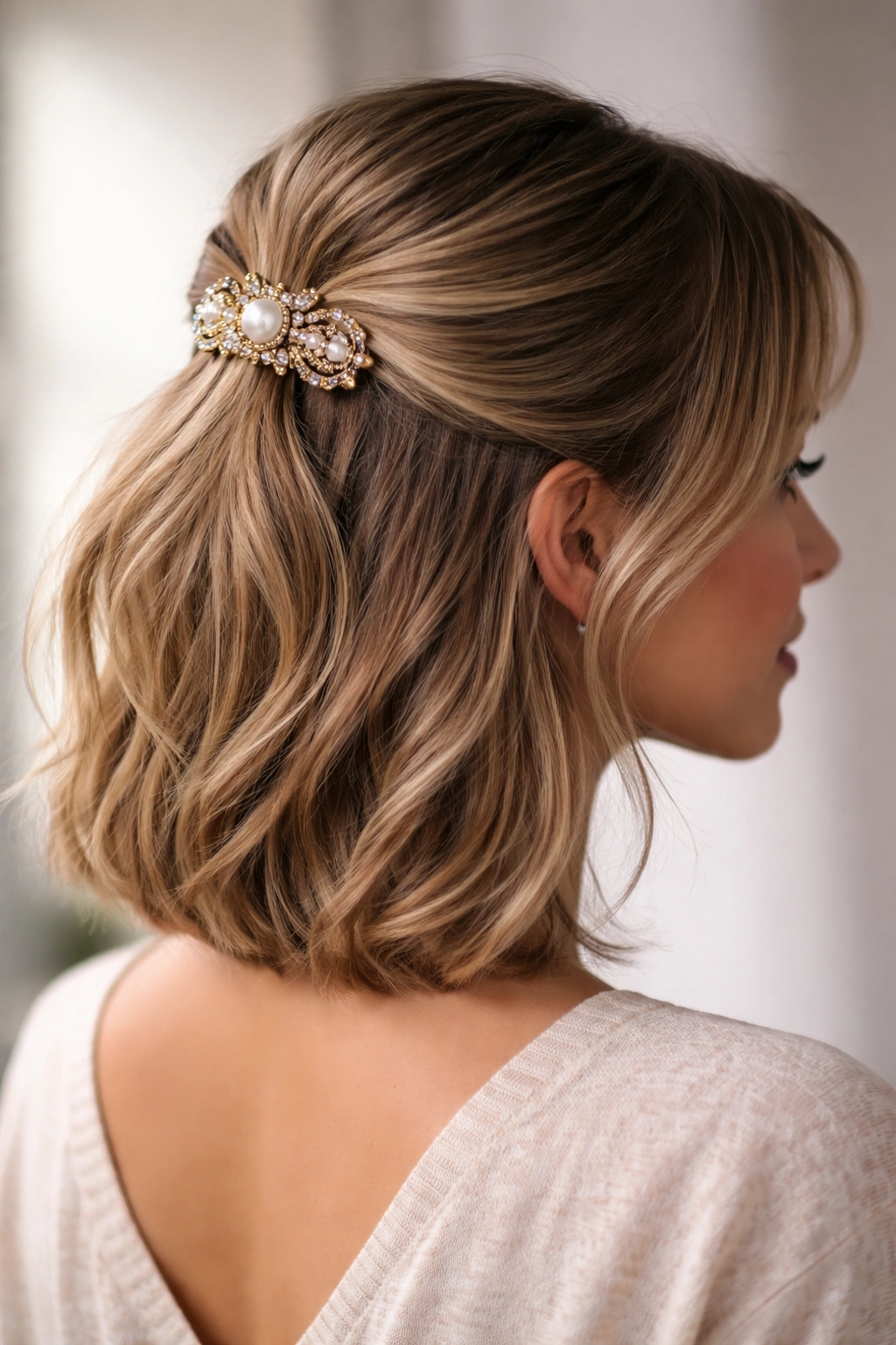 Close-up of short hair half-up secured with a decorative clip