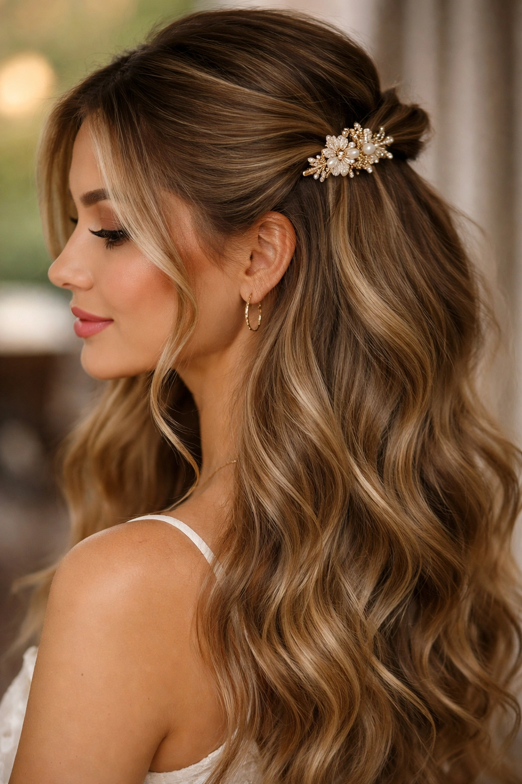 Loose, romantic waves with decorative clip at crown