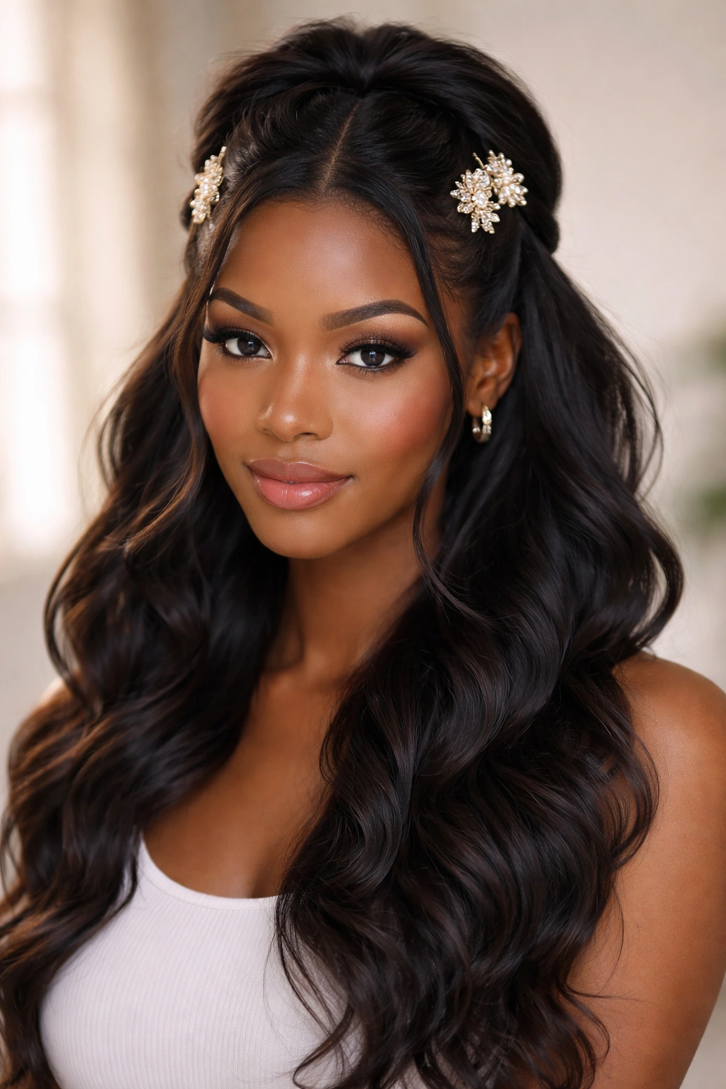 Portrait of a Black woman wearing a half up hairstyle secured with decorative clips