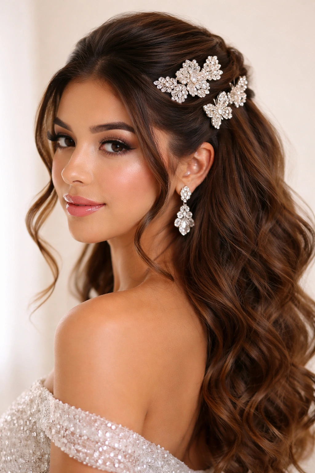 Close-up of oversized decorative hair clips securing a half-up hairstyle