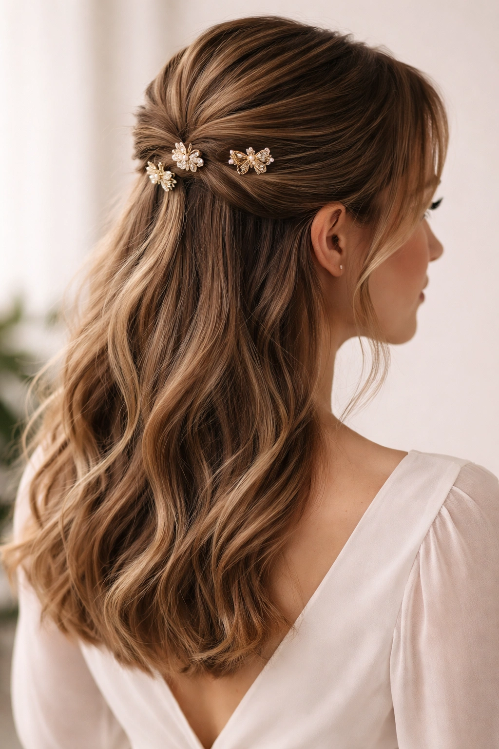 Half up hairstyle with decorative clips in gathered section