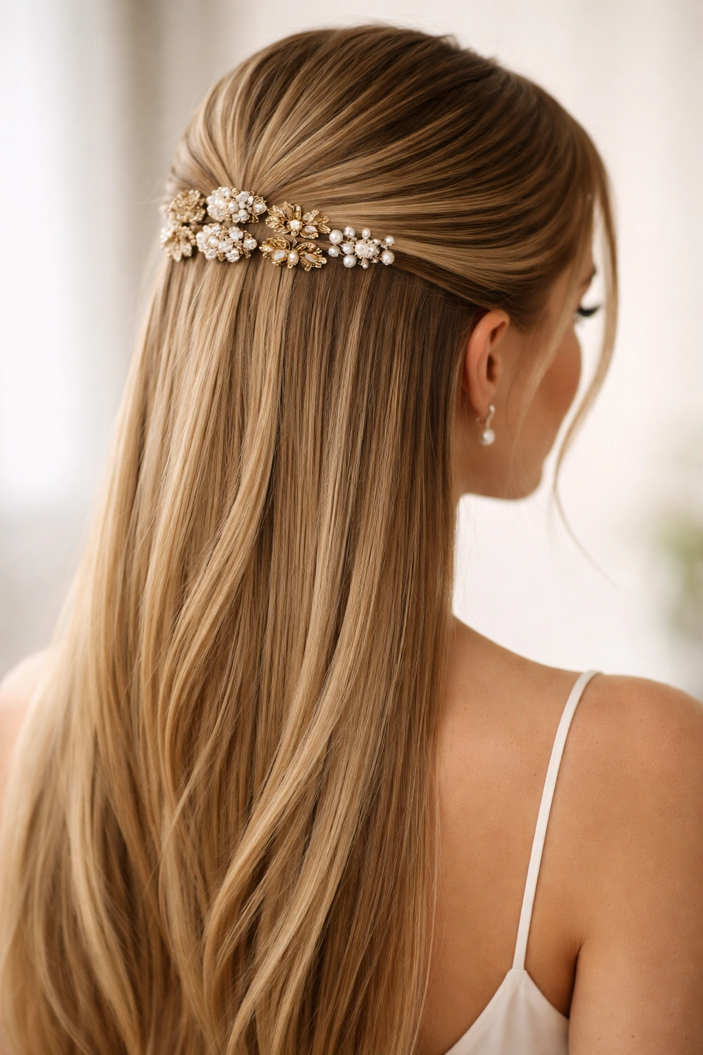 Half-Up with decorative clips on straight hair showing visible clips