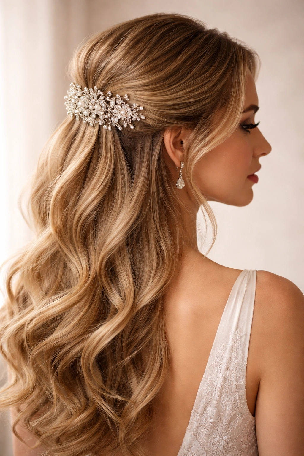 Half-up hairstyle secured with decorative comb or clip centerpiece